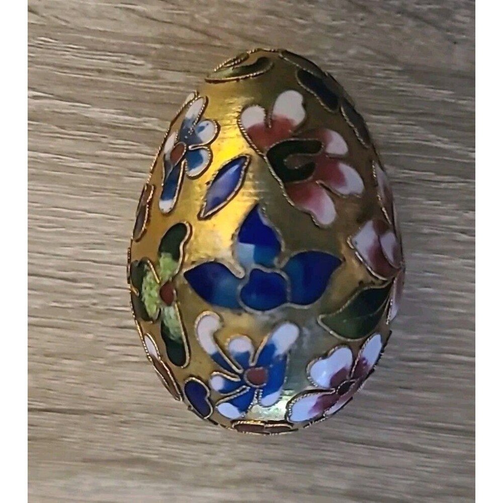 Vtg*Cloisonne Egg* Enameled Multicolored Jewel Tone Flowers Leaves - Picture 3 of 8